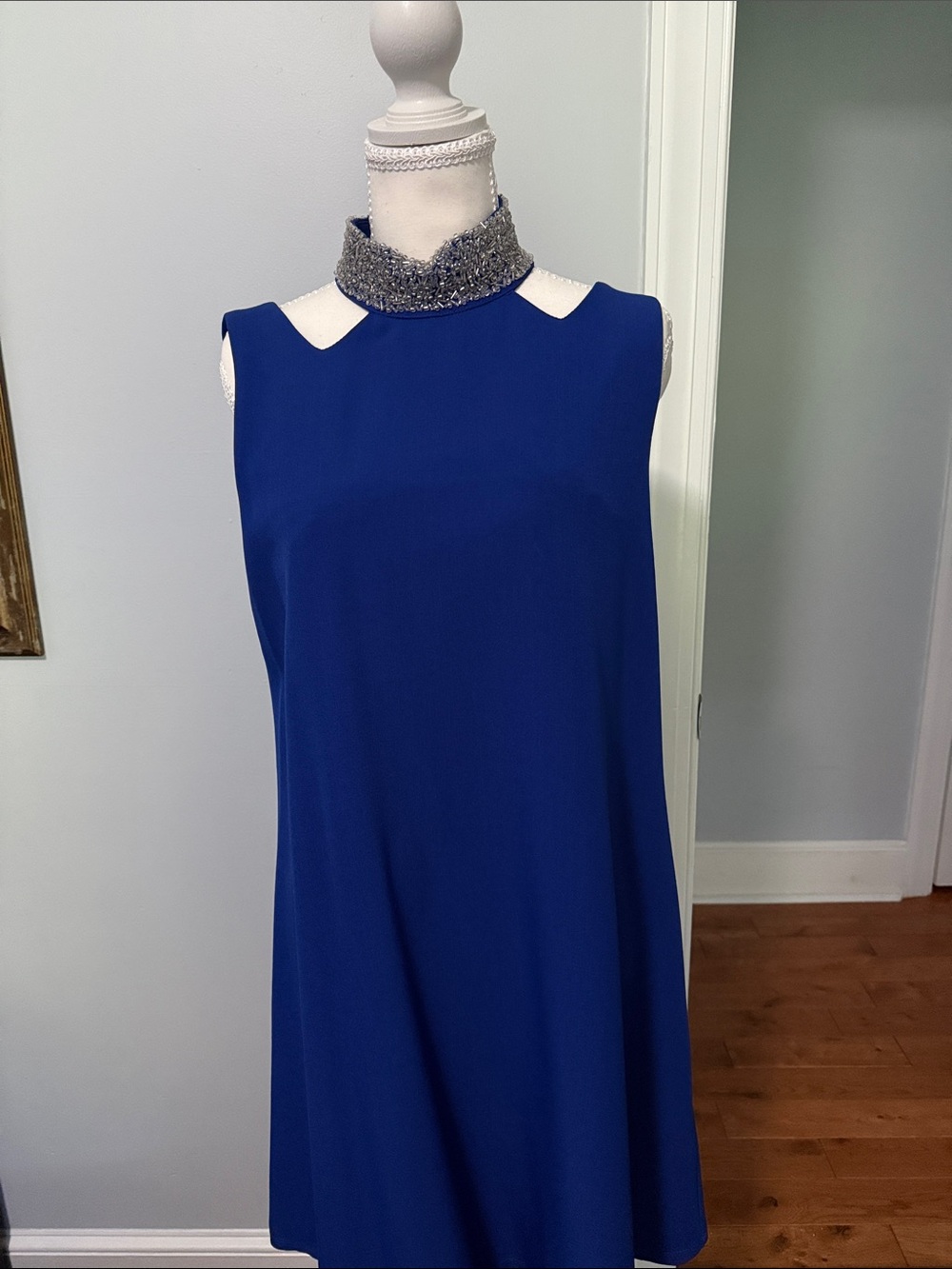 Sleeveless Royal Blue Dress with Embellished Collar